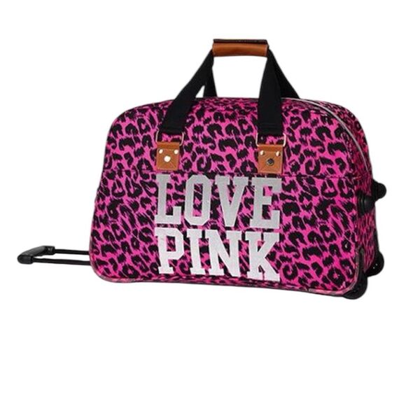 Victorias Secret Love Pink Leopard Rolling Duffle Bag Suitcase Y2K Travel Bag - Picture 1 of 16